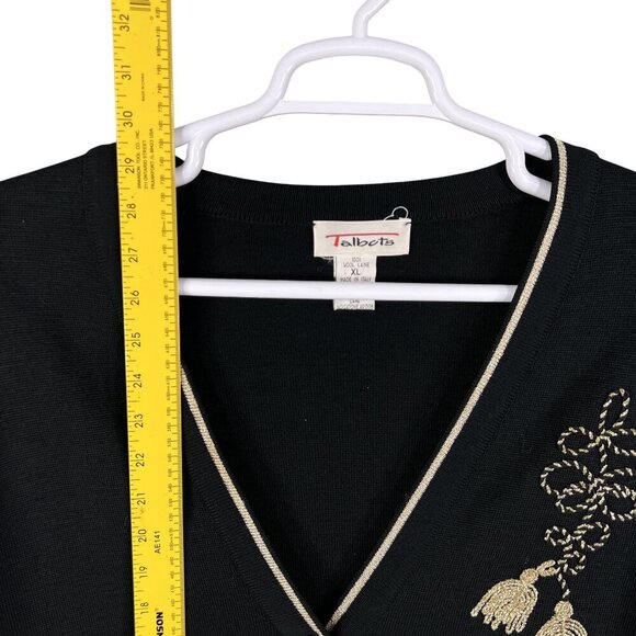 Talbots Womens XL Black Wool Cardigan Gold Embroidery Italy Made Button Up Artsy - Picture 8 of 16